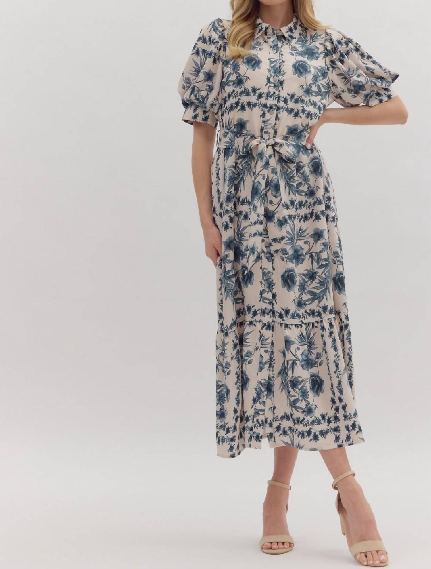 Entro - Puff Sleeves & Tie Waist Floral Midi Dress