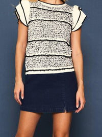 SKIES ARE BLUE Ruffled Sleeve Knit Top in ivory black - women's blouse - detail view