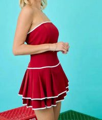 Day + Moon - Strapless Drop Waist Pleated Mini Romper Dress