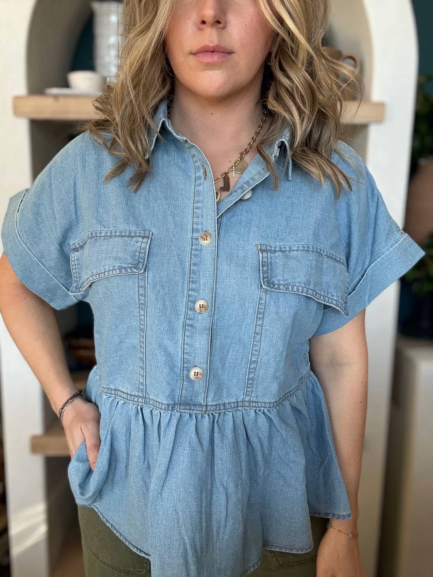 In February - Mineral Washed Babydoll Fit Denim Shirt