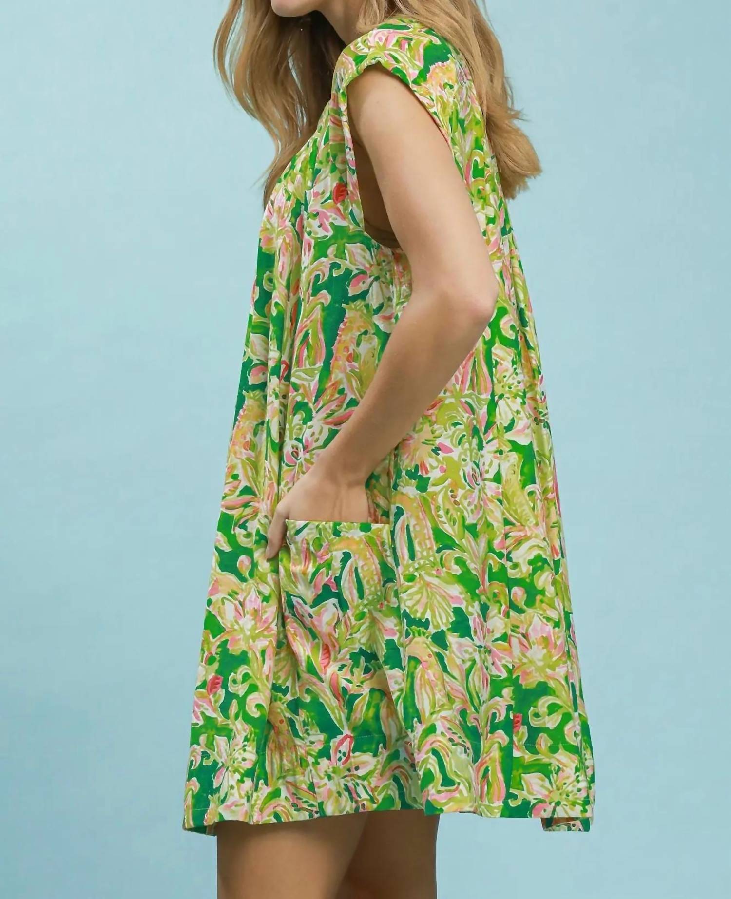 Umgee - Tropical Floral Flutter Sleeve Swing Dress