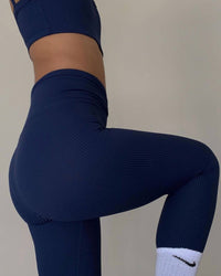 YEAR OF OURS Ribbed Veronica Legging in navy - women's pants - detail view