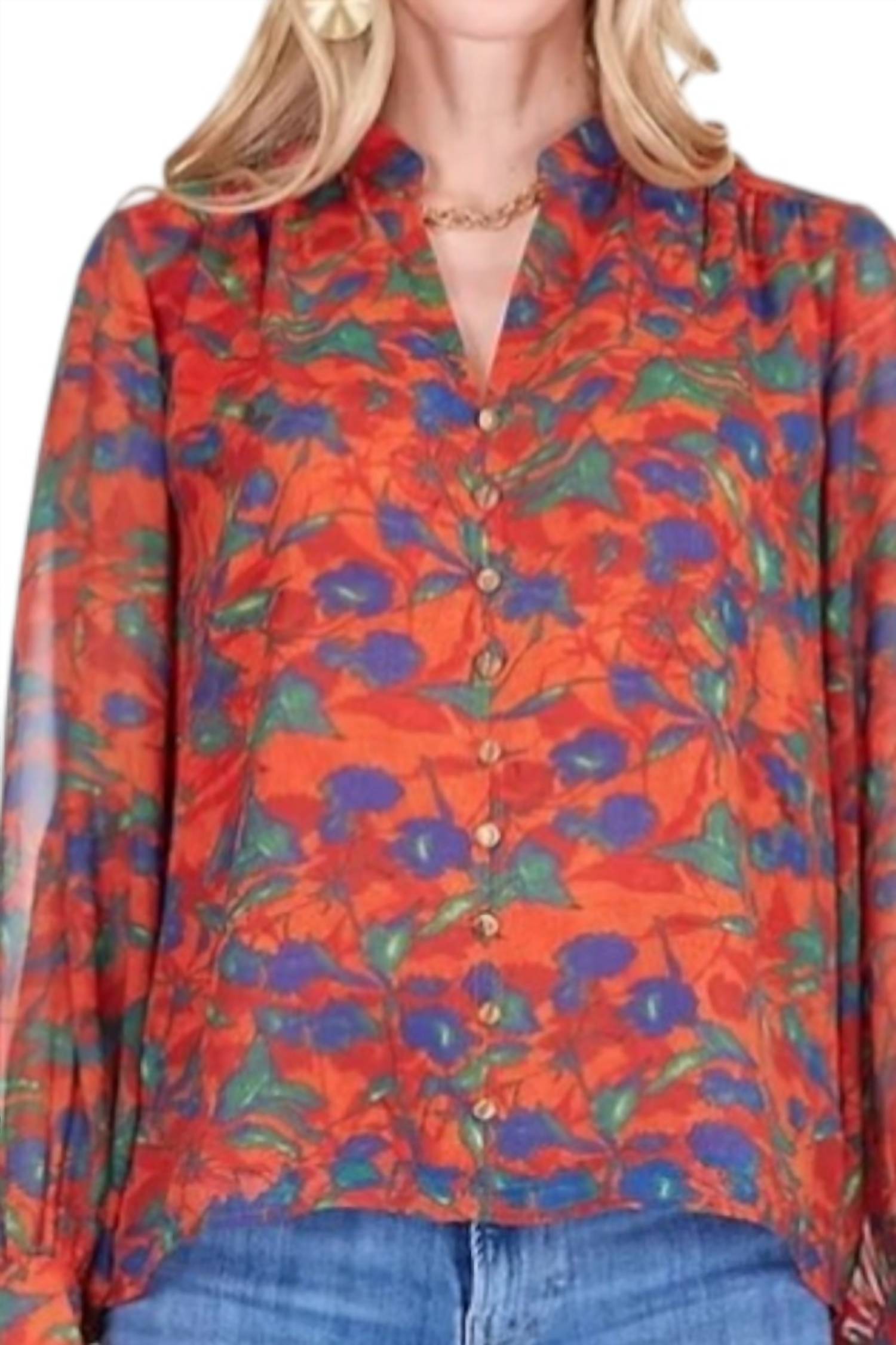 Joy Joy Front Split Buttons Top in marigolds - women's blouse - detail view