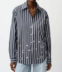 Joseph Ribkoff - Stretch Cotton Stripe Print Boxy Blouse With Rhinestones