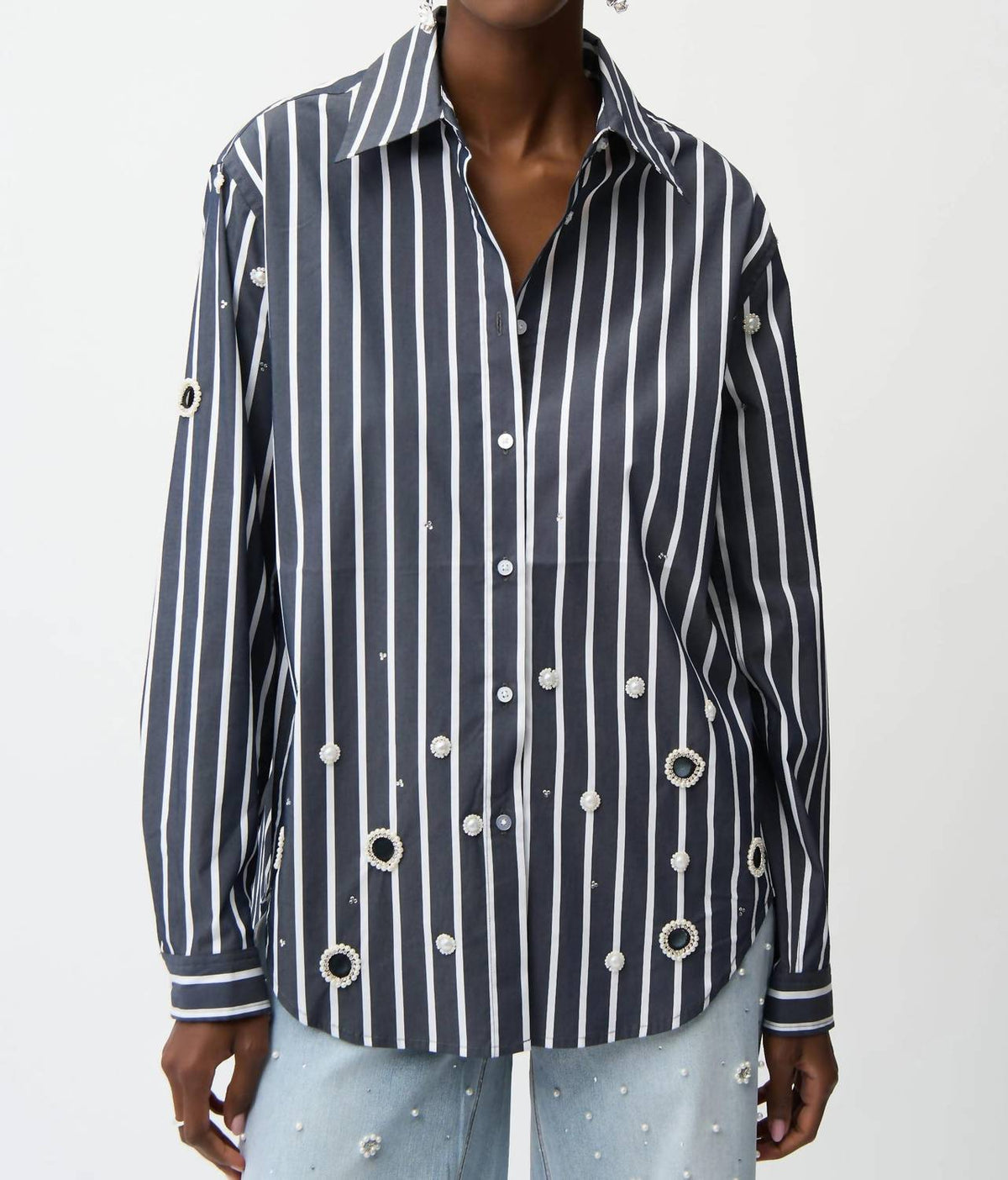 Joseph Ribkoff - Stretch Cotton Stripe Print Boxy Blouse With Rhinestones