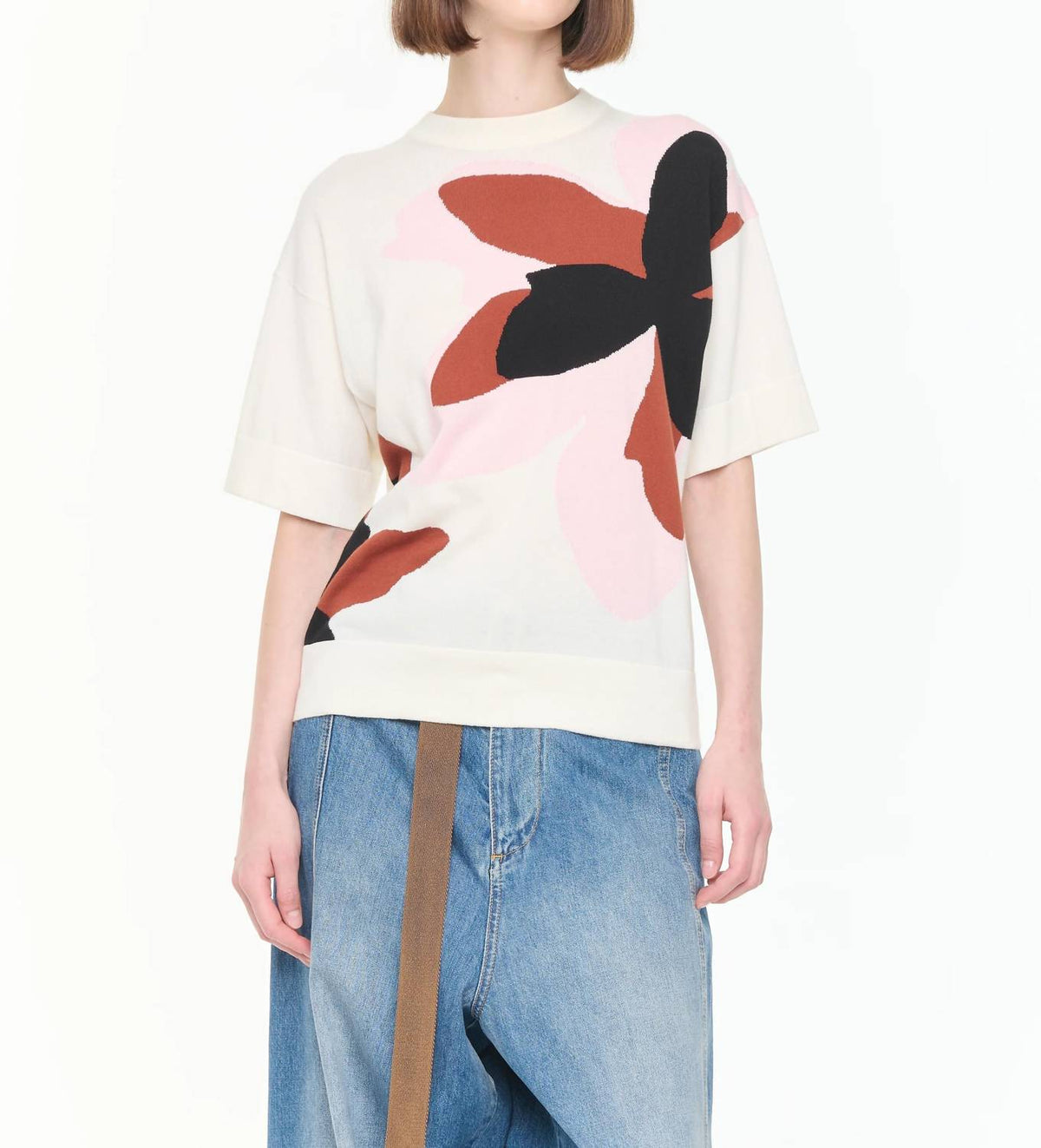 Plan C - Floral Intarsia Short Sleeve Knit Top