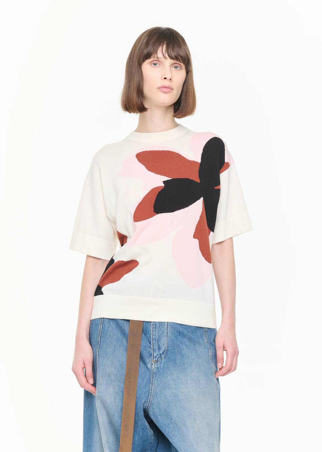 Plan C - Floral Intarsia Short Sleeve Knit Top