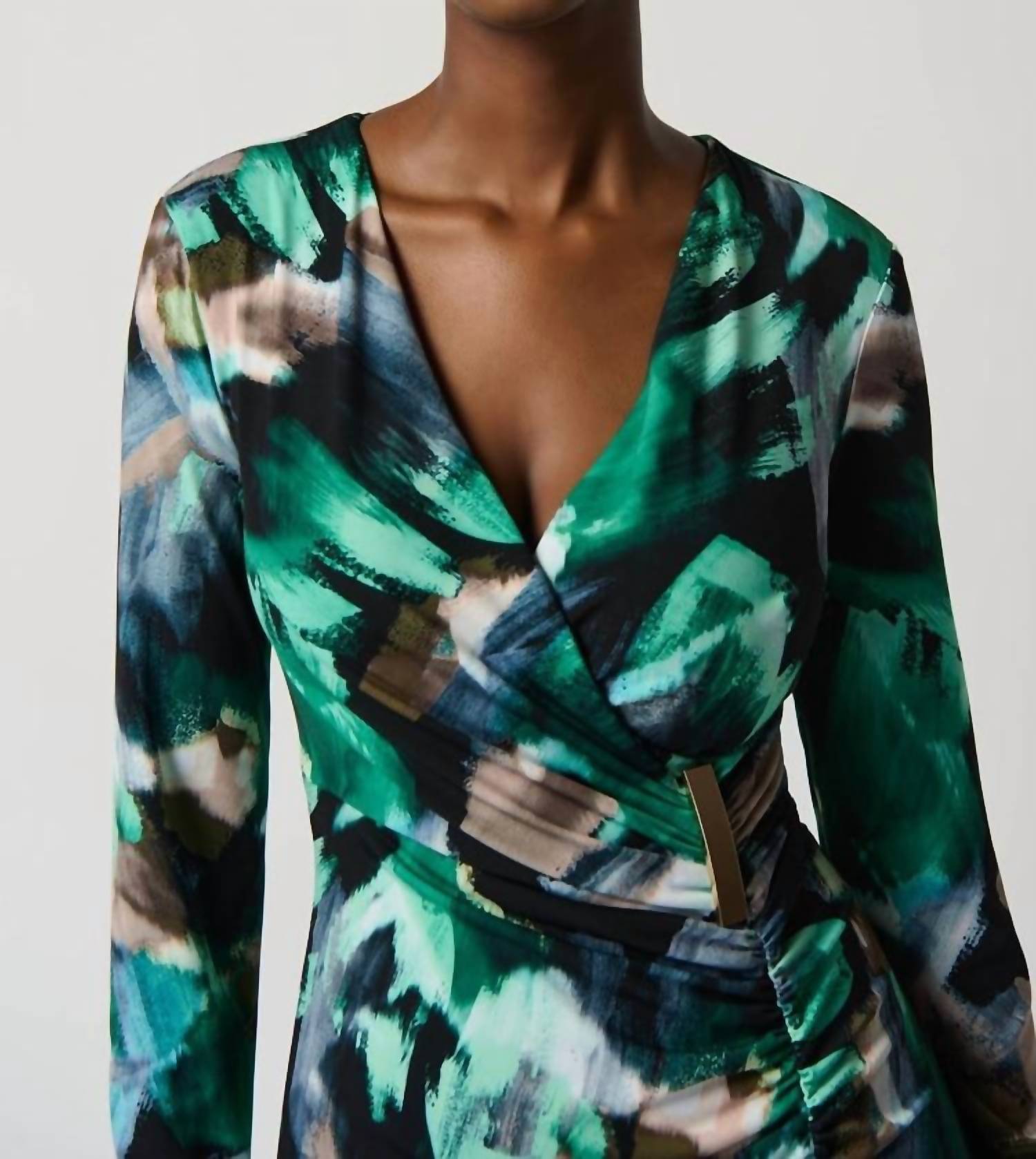 Joseph Ribkoff - Abstract Print Silky Knit Wrap Midi Dress With Ornament