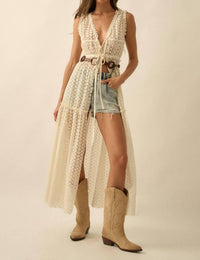 Promesa - Sheer Crochet Lace Sleeveless Tie-Front Maxi Top