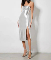Alice + Olivia - Kelly Shiny Vegan Leather Hi Slit Midi Dress