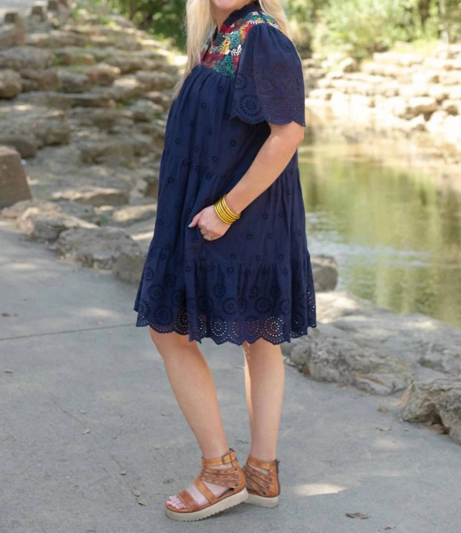 Layerz Clothing Eyelet Embroidered Mini Dress in navy - women's dress - detail view