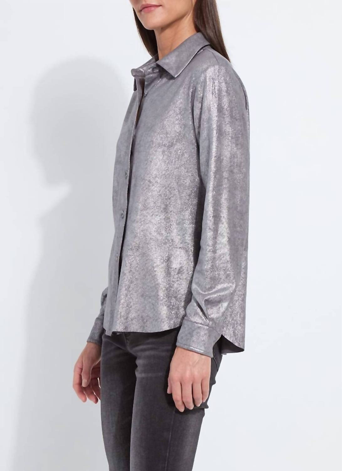 Lysse Connie Patent Foil Vegan Suede Shacket in silver 1 - women's shirt - alternate view