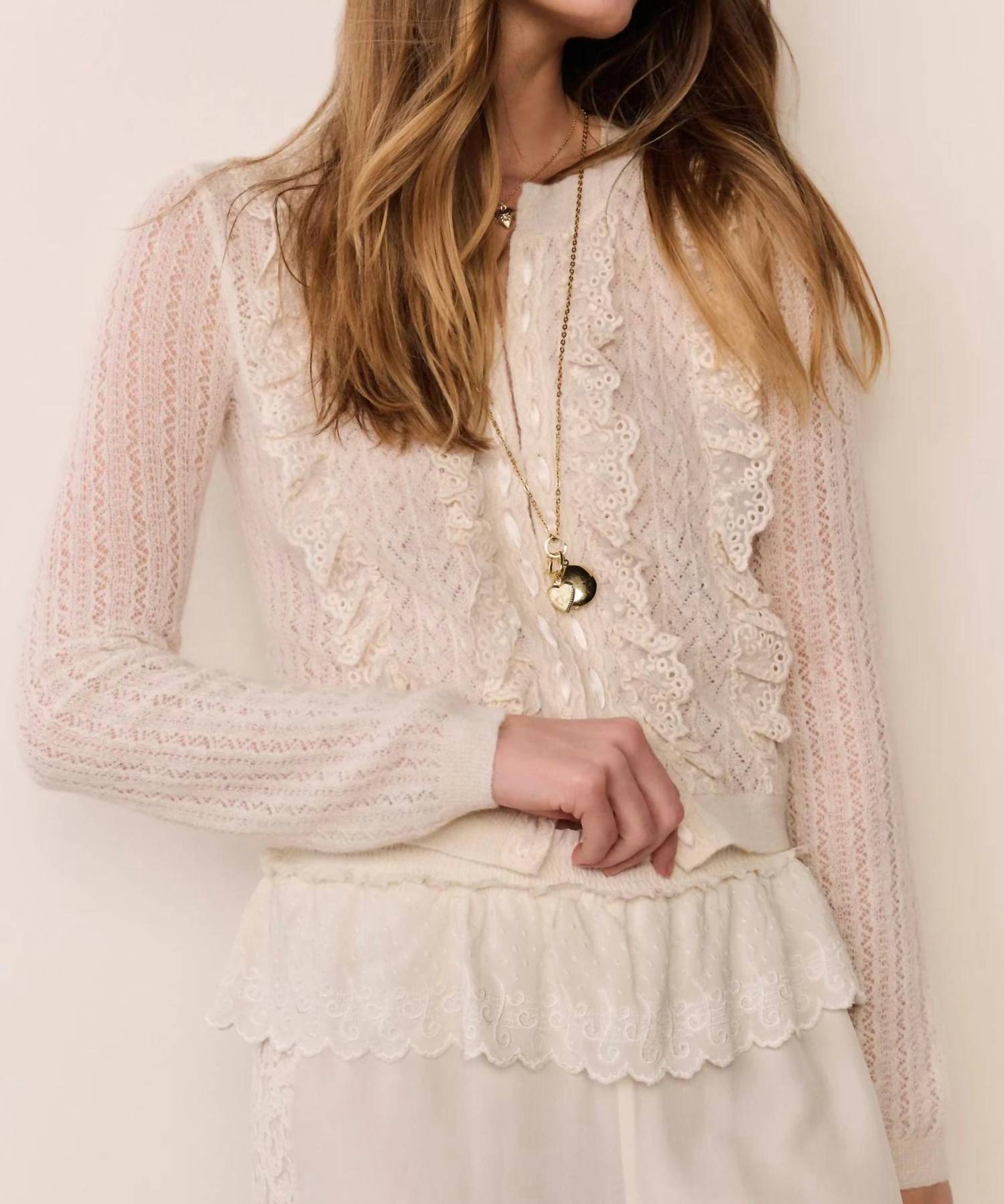 LoveShackFancy Melisse Eyelet Ruffle Cardigan in aspen white 1 - women's cardigan - detail view