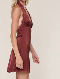Golden - Erixa Satin Halter Tie Neck Open Back Plain Mini Dress