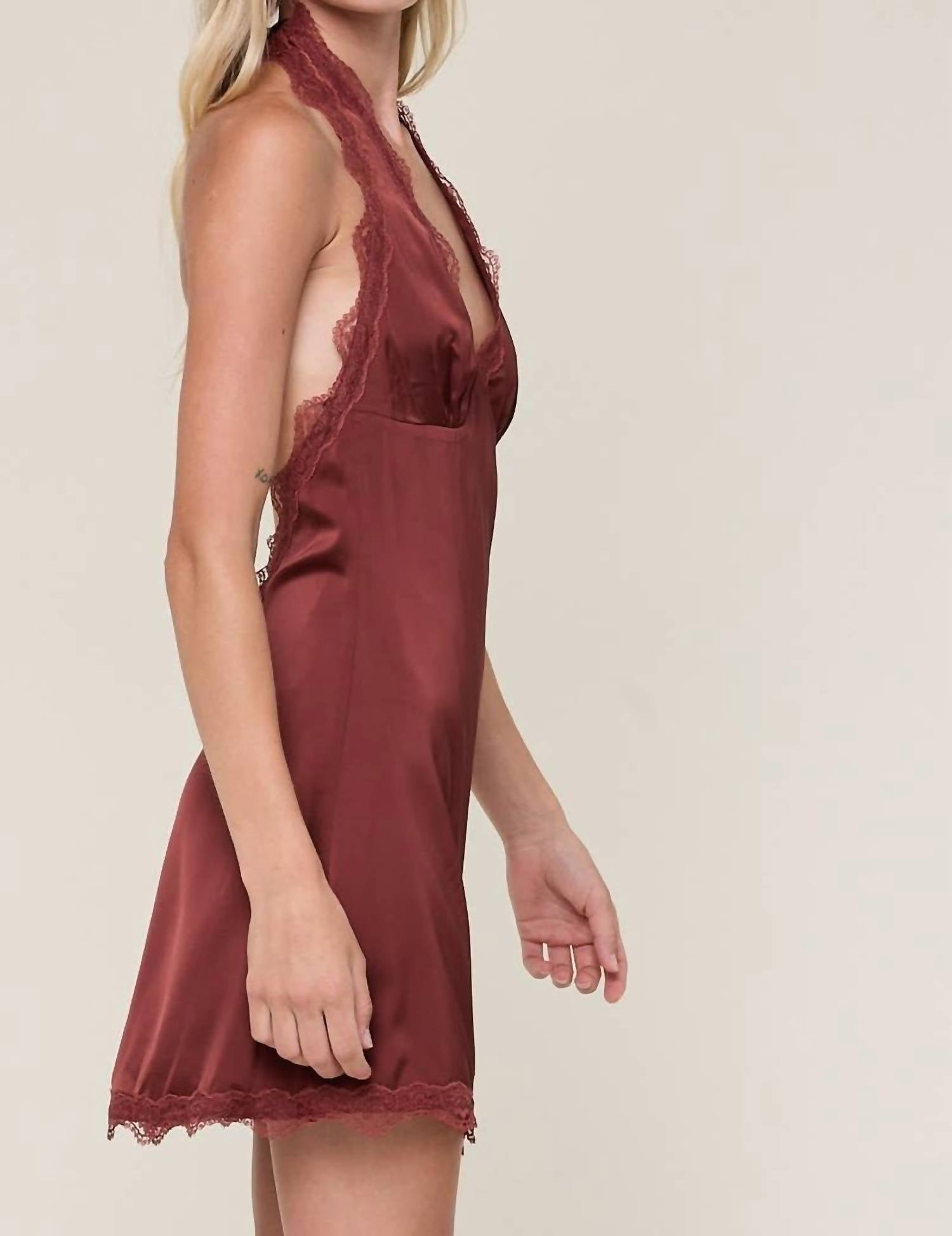 Golden - Erixa Satin Halter Tie Neck Open Back Plain Mini Dress
