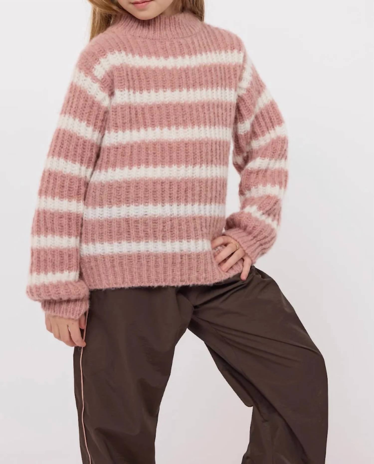 Sadie & Sage Aki High Neck Striped Sweater Top in blush ivory - kids' sweater