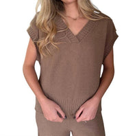 MIOU MUSE Zoe Knit Sleeveless V-neck Top in taupe - women's t-shirt - detail view