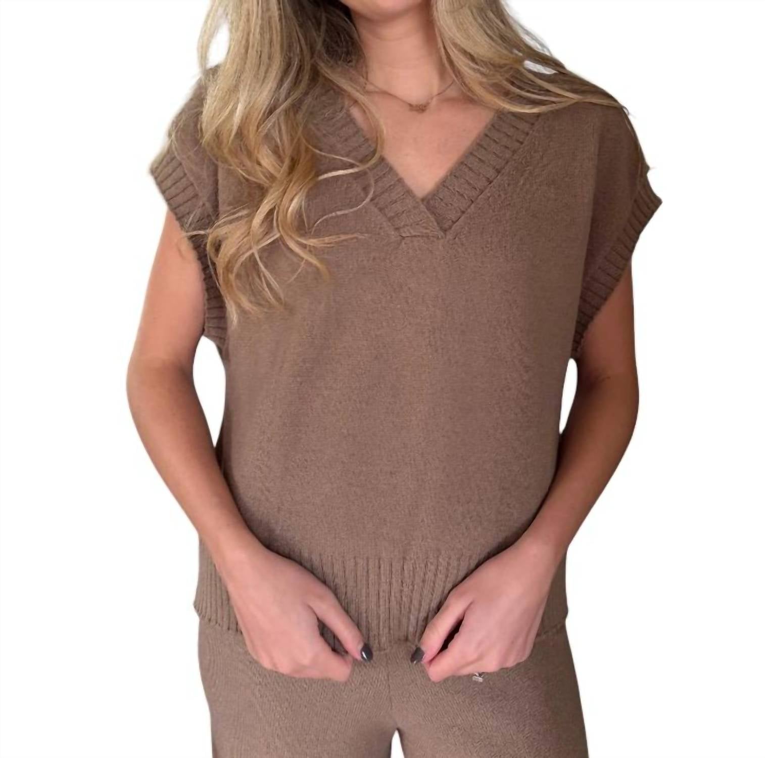MIOU MUSE Zoe Knit Sleeveless V-neck Top in taupe - women's t-shirt - detail view