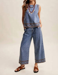 Listicle - Embroidered Denim Tank & Wide Leg Pant Set