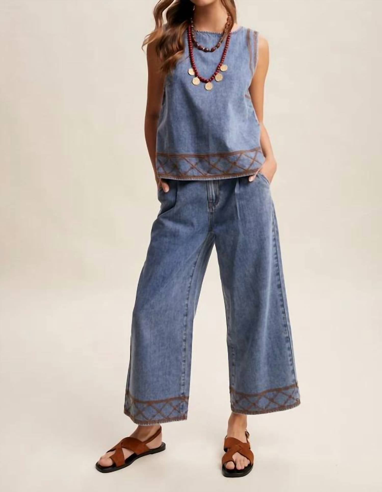 Listicle - Embroidered Denim Tank & Wide Leg Pant Set