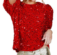 Vine & Love - Velvet Sequin Accent Puff Sleeve Blouse