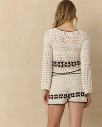 Vintage Havana Crochet Floral Tie Front Top in beige - women's cardigan - detail view