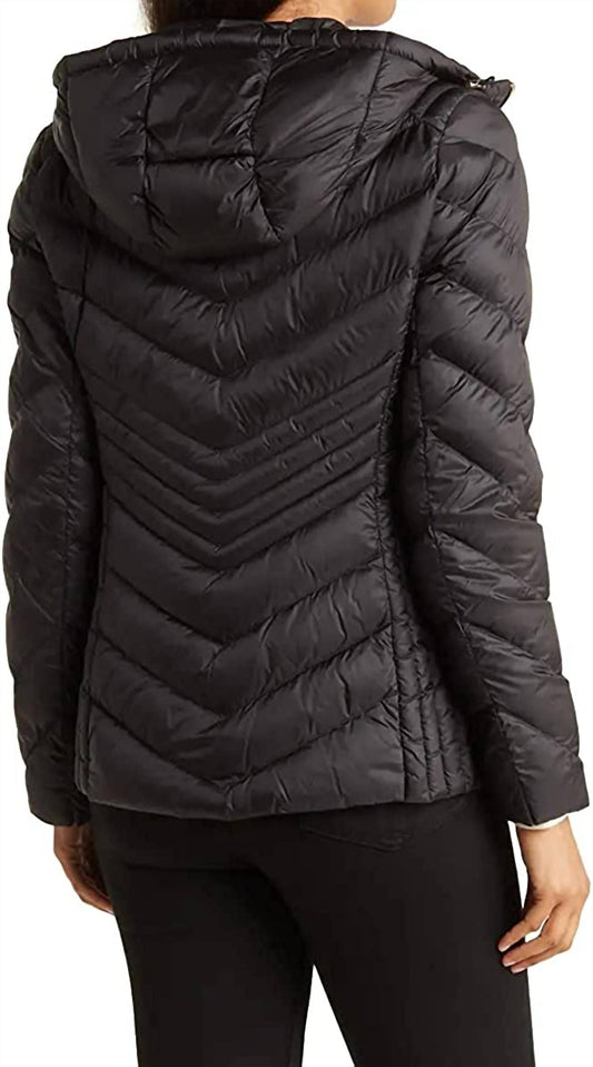 Women's Chevron Double Layer Zipper 3/4 Hooded Packable Coat