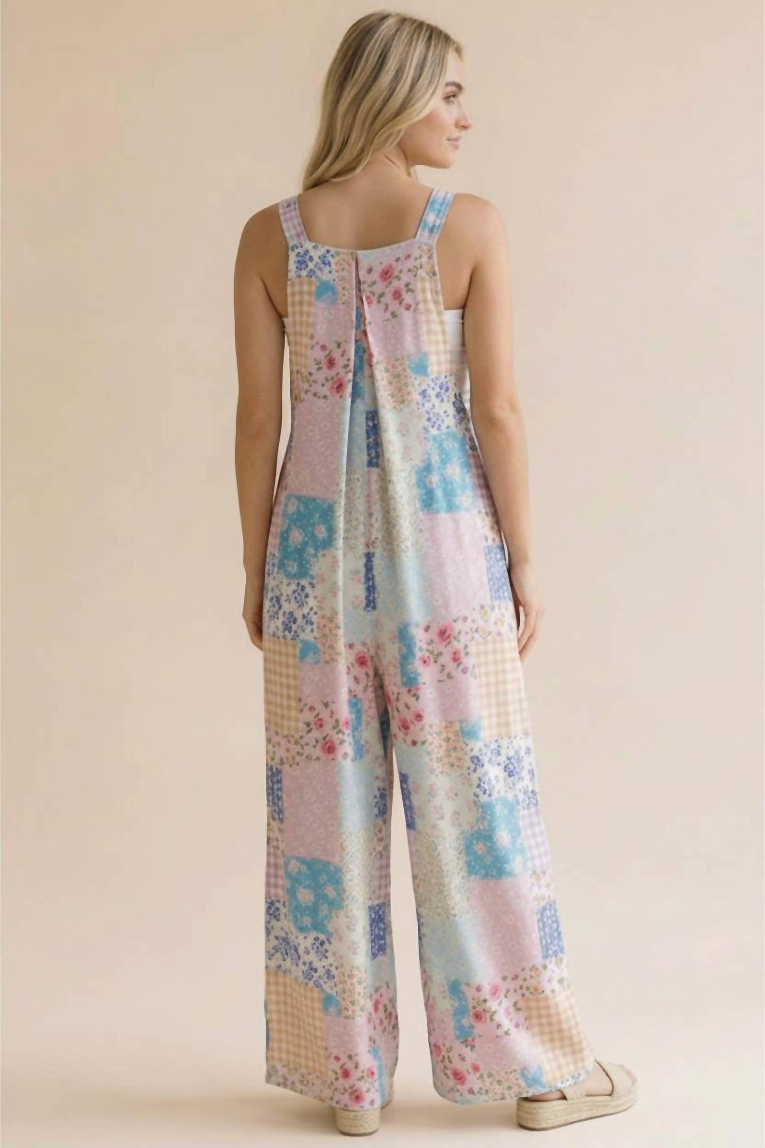 Haptics - Floral Patchwork Wide Leg Bib Jumpsuit