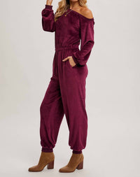 Bluivy - Velvet One Shoulder Boat Neck Jumpsuit