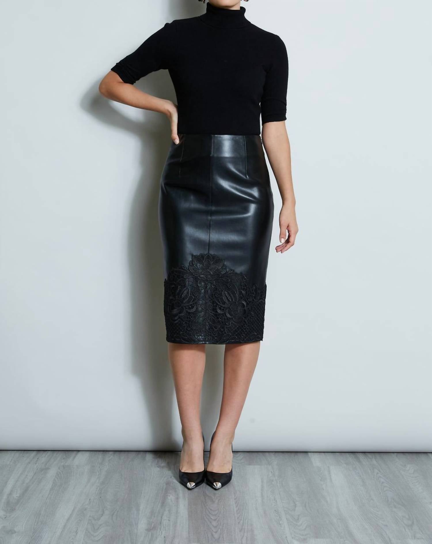 Elie Tahari - Vegan Leather Applique Lace Skirt