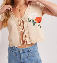 Bluivy - Women's Embroidered Cap Sleeve Open Front Self-tie Knit Top