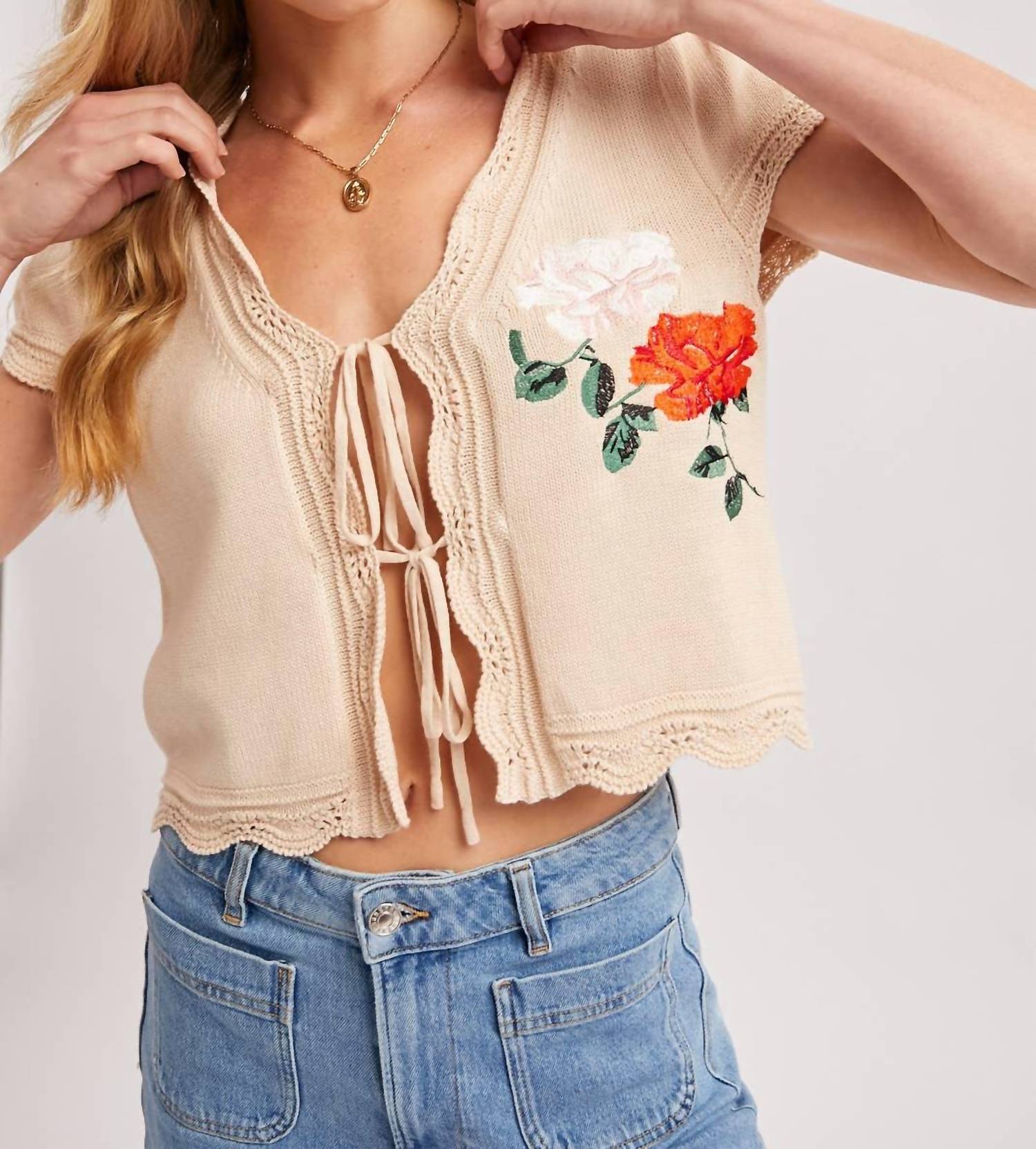 Bluivy - Women's Embroidered Cap Sleeve Open Front Self-tie Knit Top