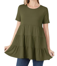 Zenana - Short Sleeve Tiered Ruffle Babydoll Tunic