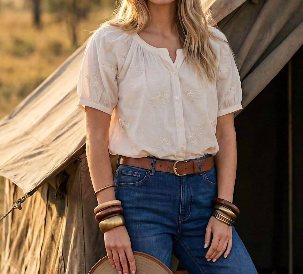 Karen Kane - Short Sleeve Embroidered Peasant Top