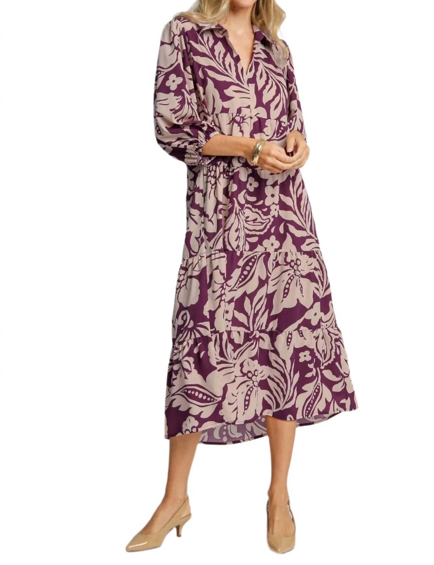 Umgee - Two Tone Floral Print Midi Dress