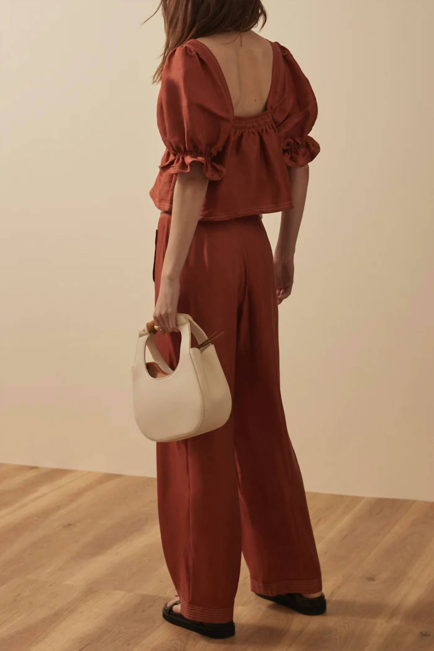 Sancia Lillian Shirred Flare Cuff Top in sienna - women's shirt - detail view