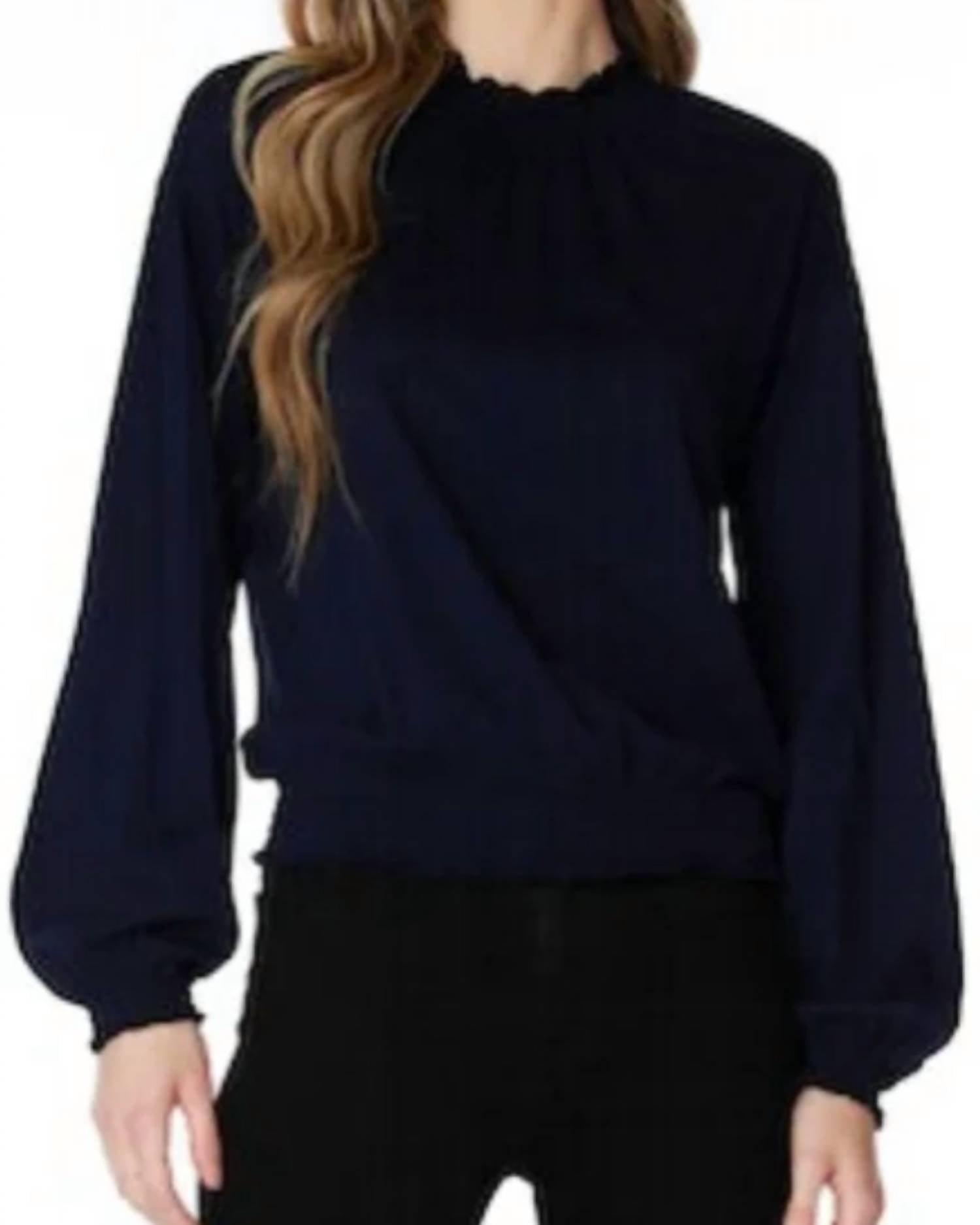 Bobi - Smocked Shirred Turtleneck Long Sleeve Tee