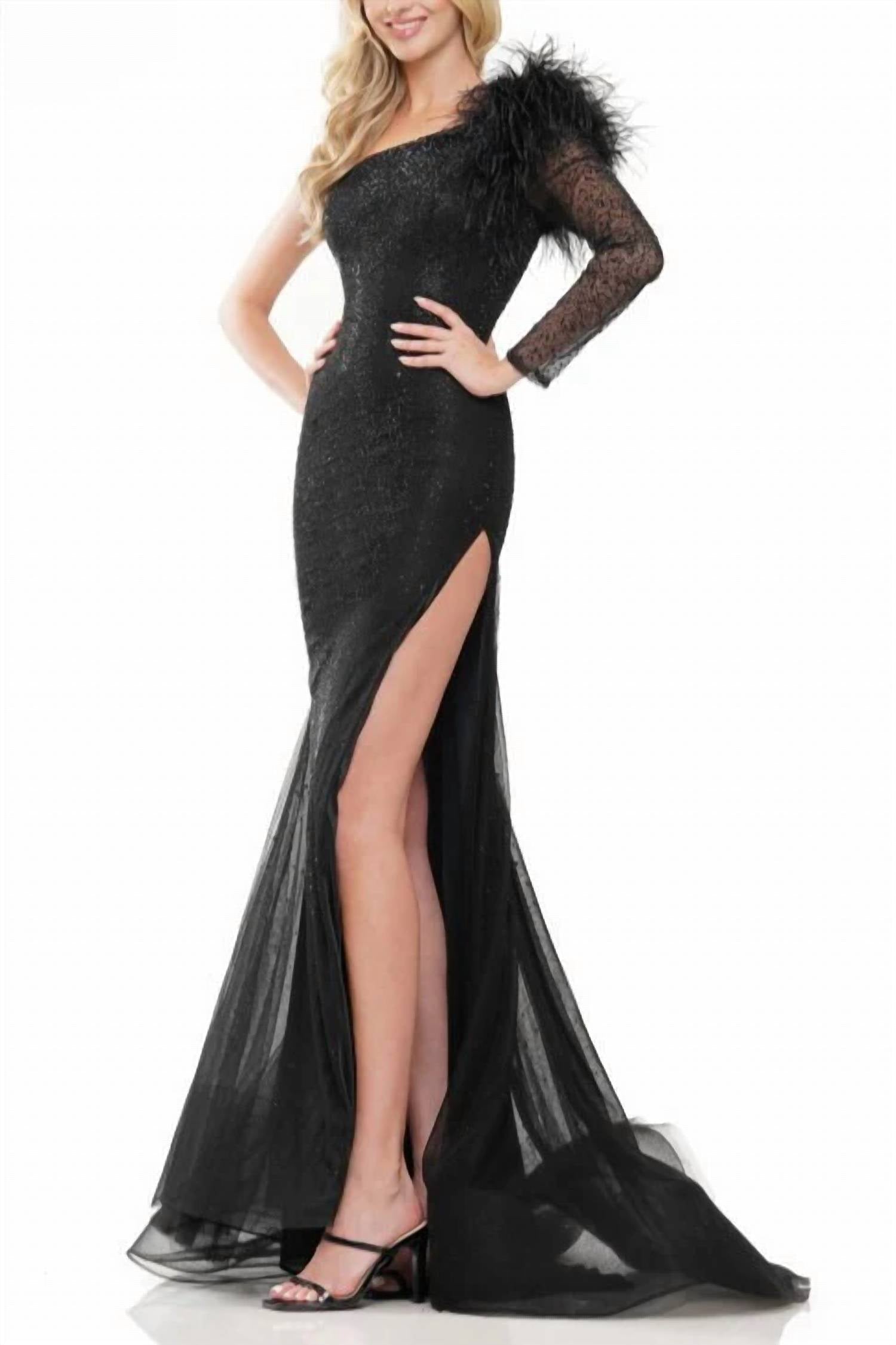 Colors Dress - One Shoulder Mesh Long Sleeve And Feathers Mermaid Gown