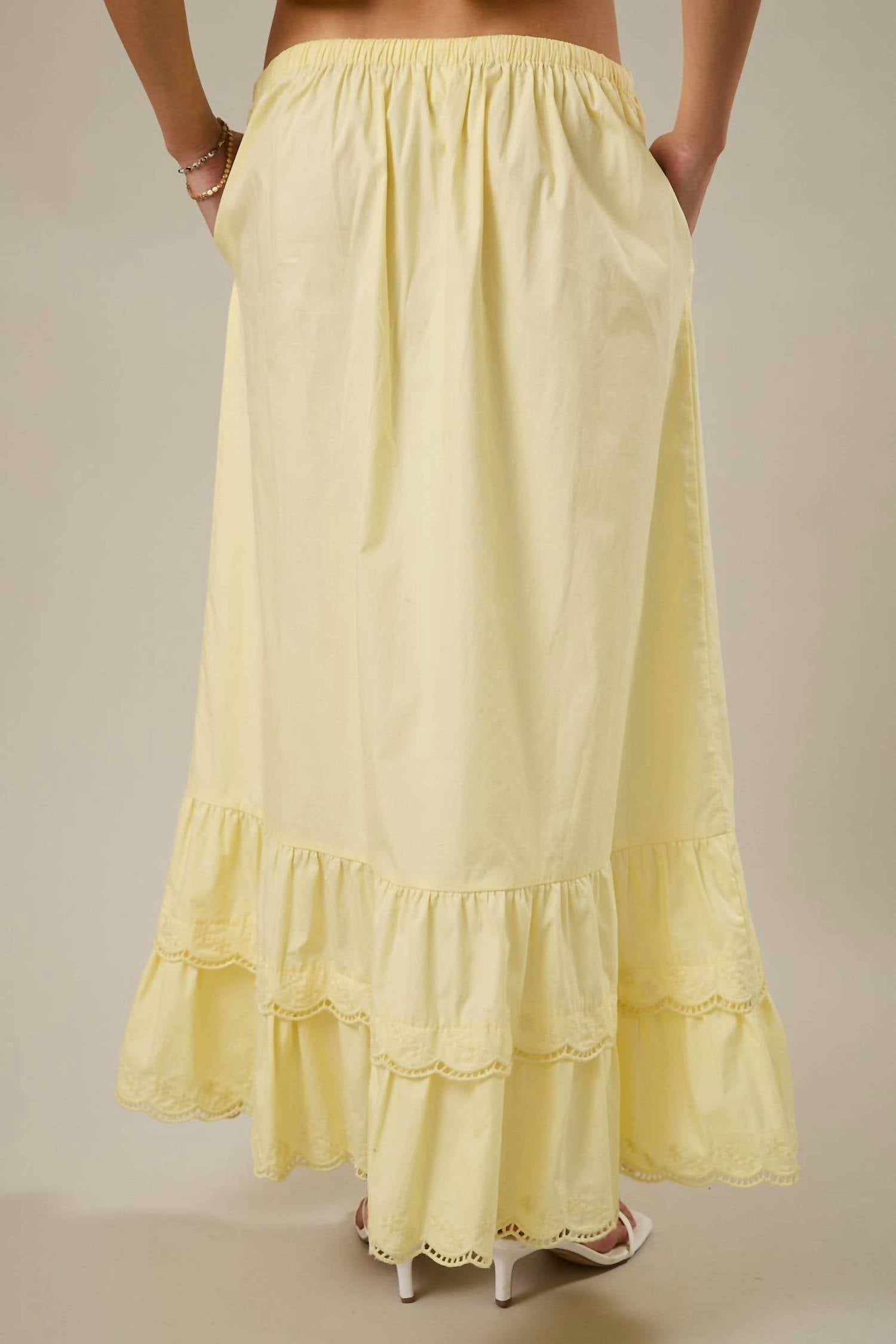 Sunday Edition - Elastic Waist Embroidered Scallop Hem Tiered Maxi Skirt