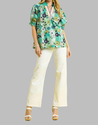Umgee - Floral Split Neck Puff Sleeve Top