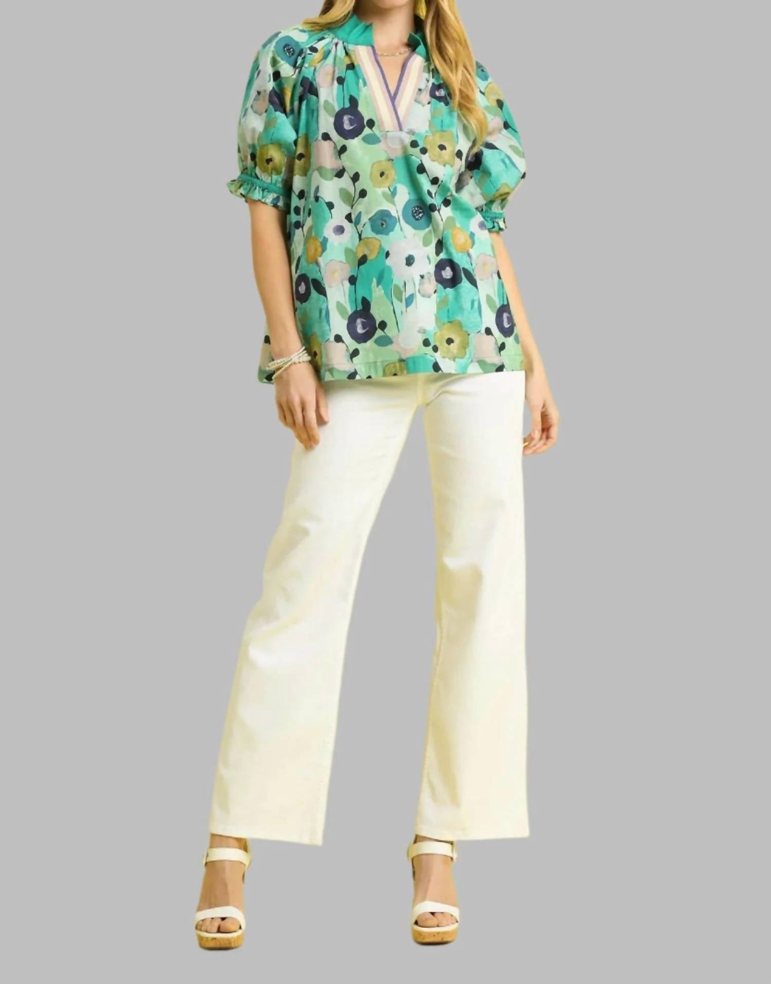 Umgee - Floral Split Neck Puff Sleeve Top