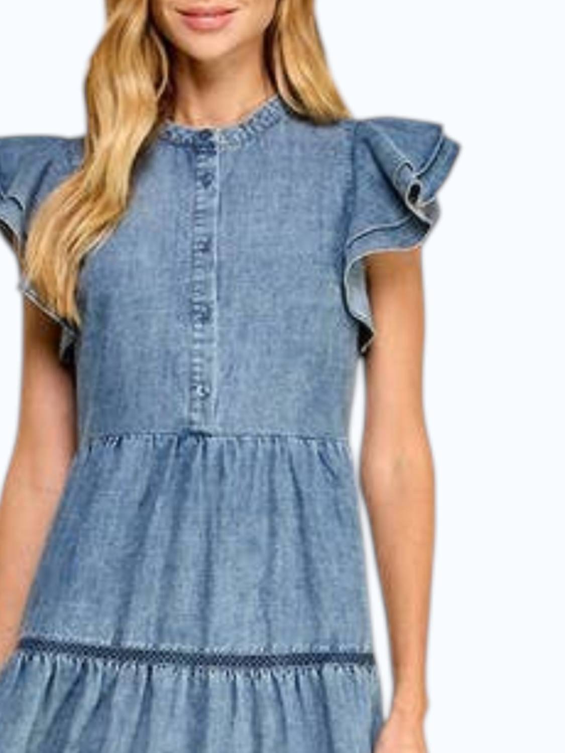 Tcec - Denim Button Down Ruffle Sleeves Midi Dress