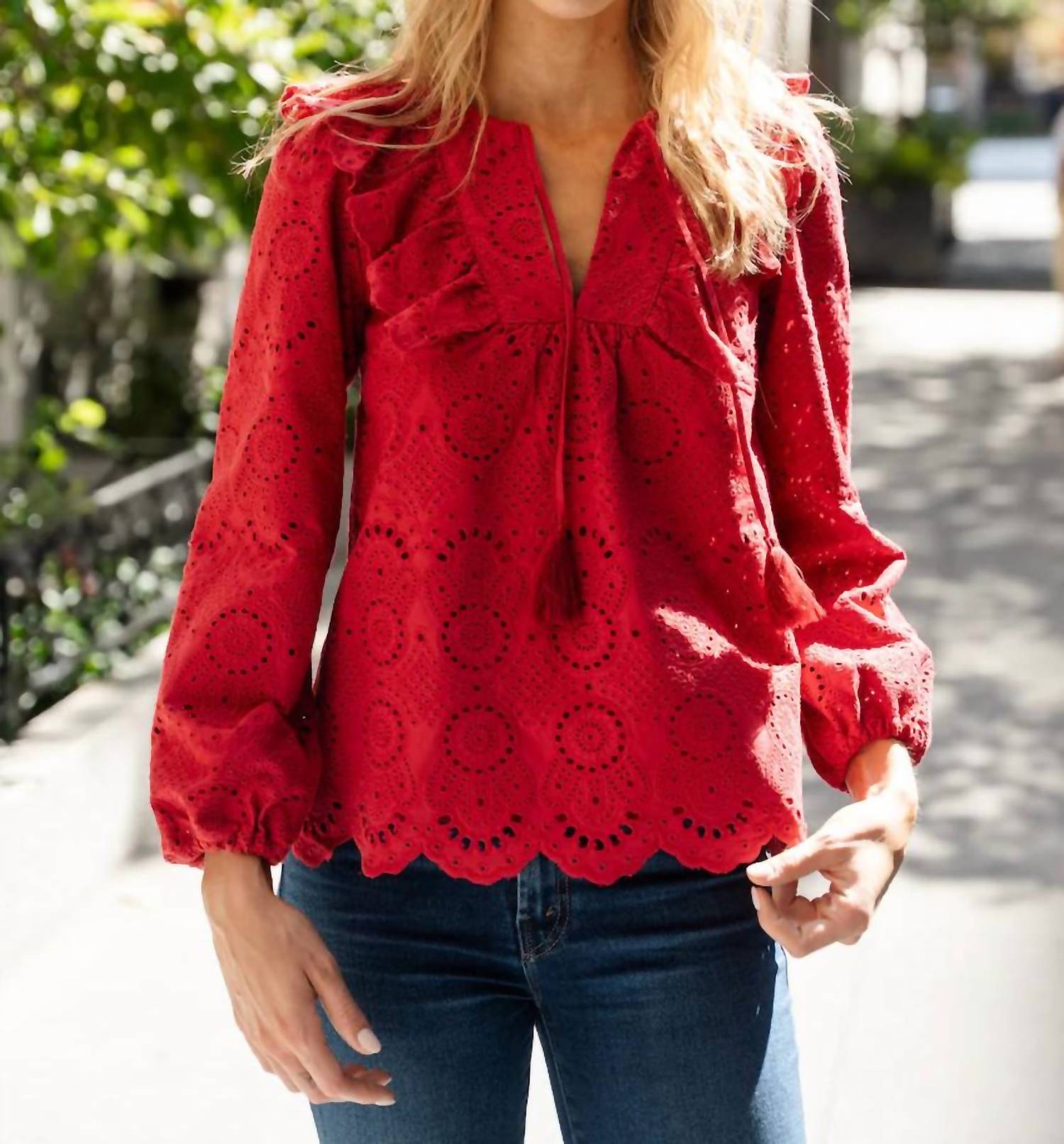 SAIL to SABLE Ruffle Front Top With Tassels in chili pepper - women's blouse - detail view