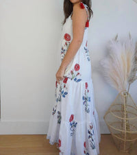 NIBI MTK Poppy Tier Maxi Dress in red floral stripe - women's dress - detail view