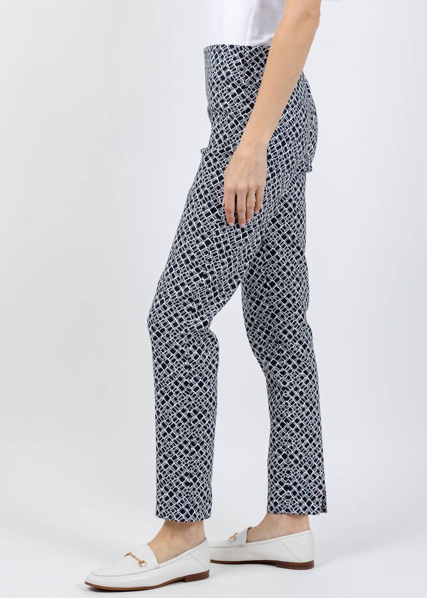 Joseph Ribkoff Geometric Jacquard Pull-on Slim Fit Pants in navy white - women's pants - alternate view