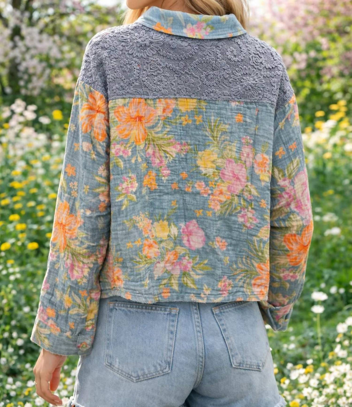Mystree - Mixed Media Floral Denim Jacket
