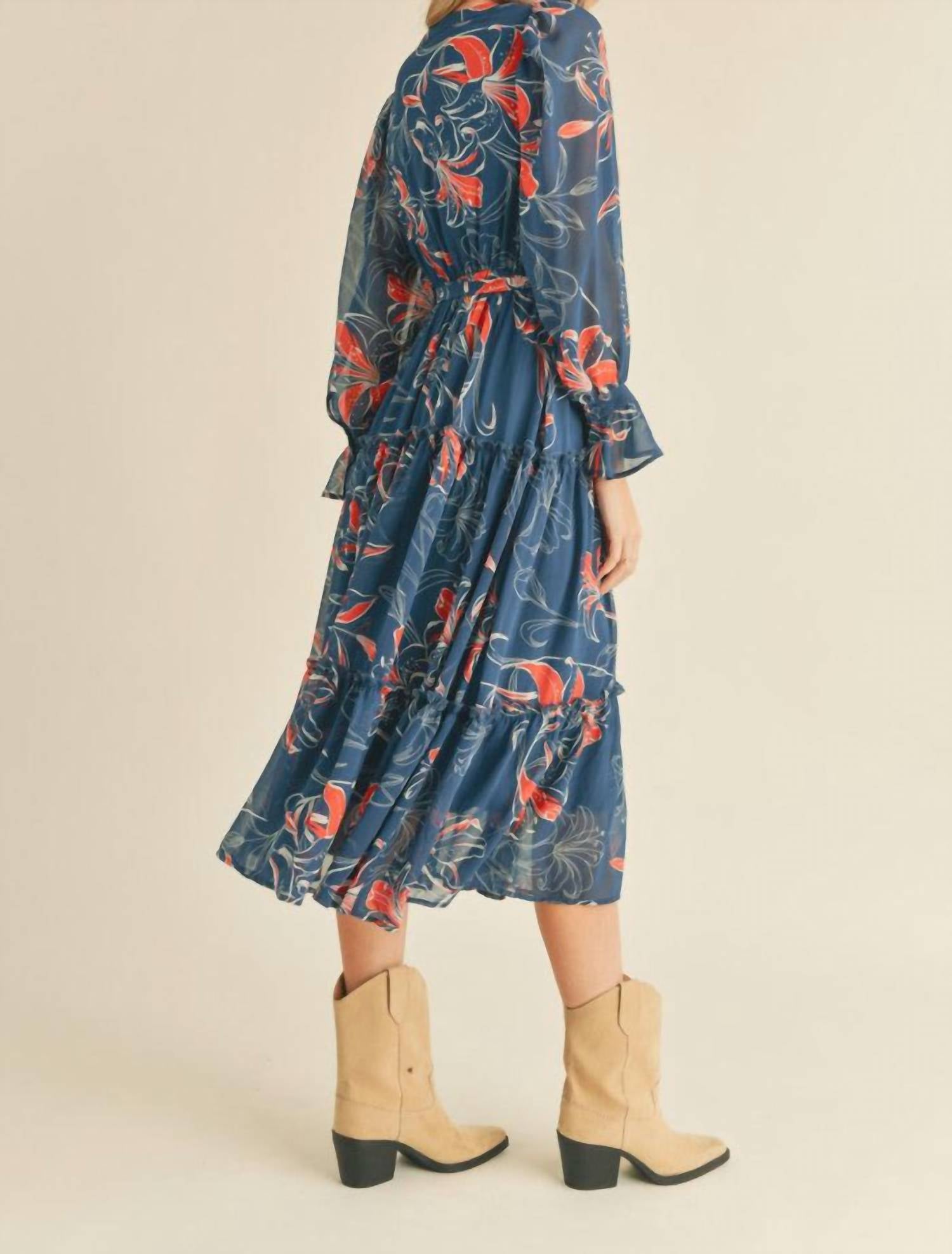 Merci Exclusive Floral Print Tiered Midi Long Sleeve Dress in teal combo - women's dress - alternate view