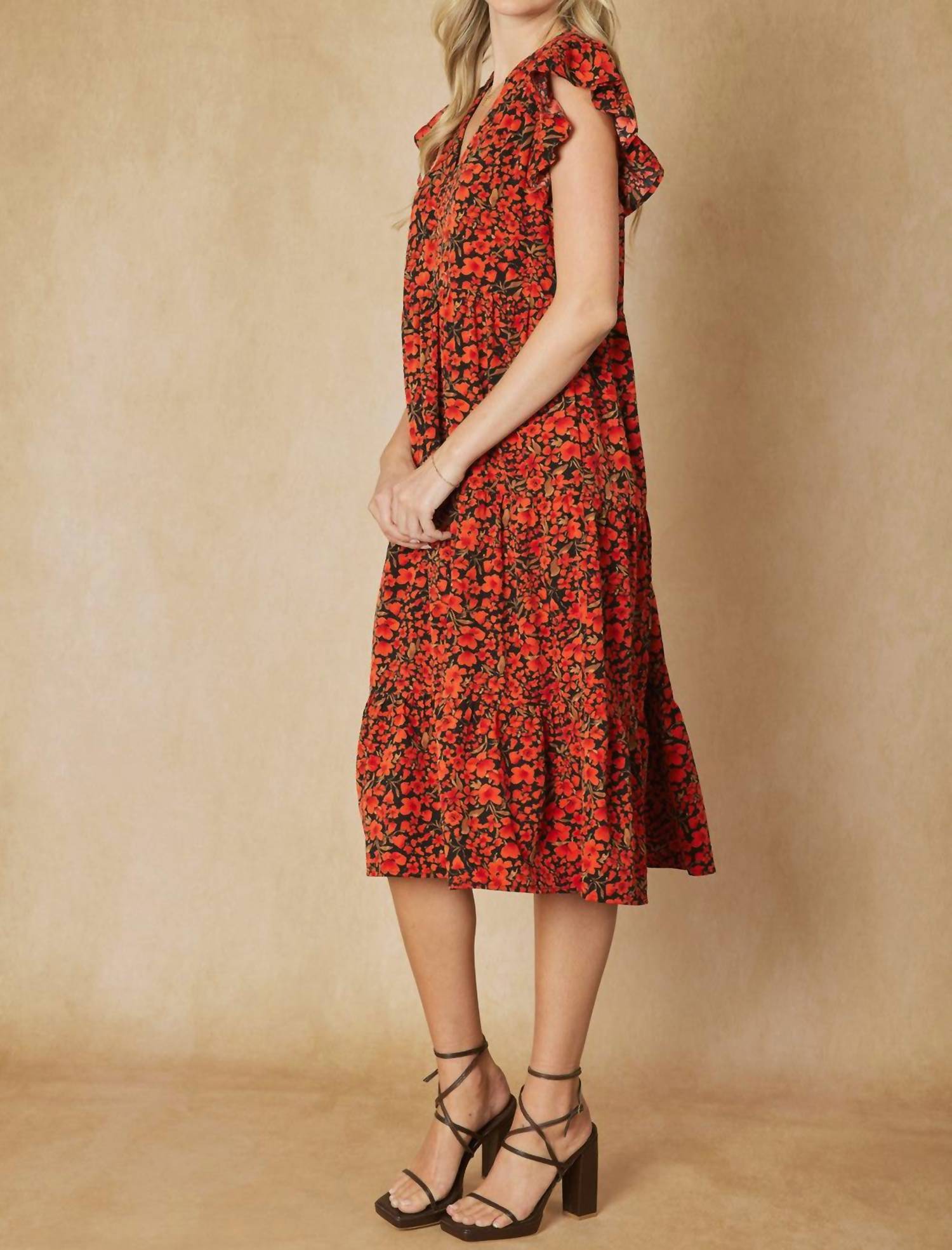 entro Floral Tiered Ruffle Midi Dress in black - women's dress - alternate view