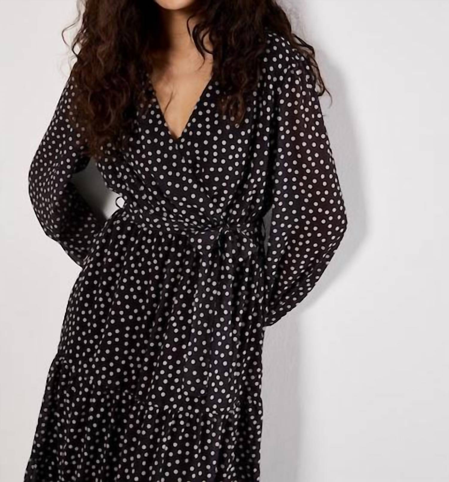 Apricot - Polka Dot Chiffon Wrap Long Sleeve Dress