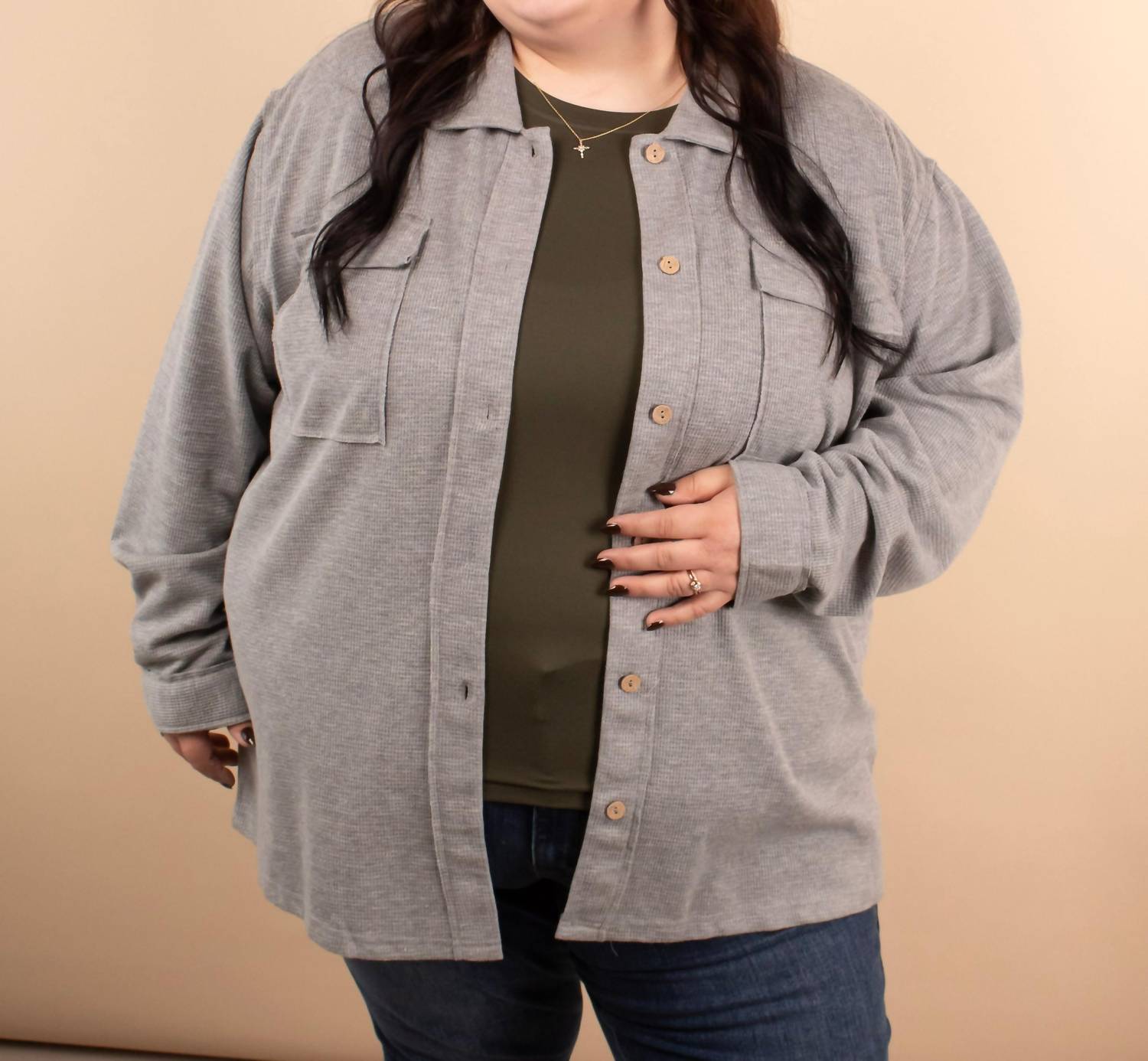 Michelle Mae - Layered Living Waffle Knit Button Up Jacket